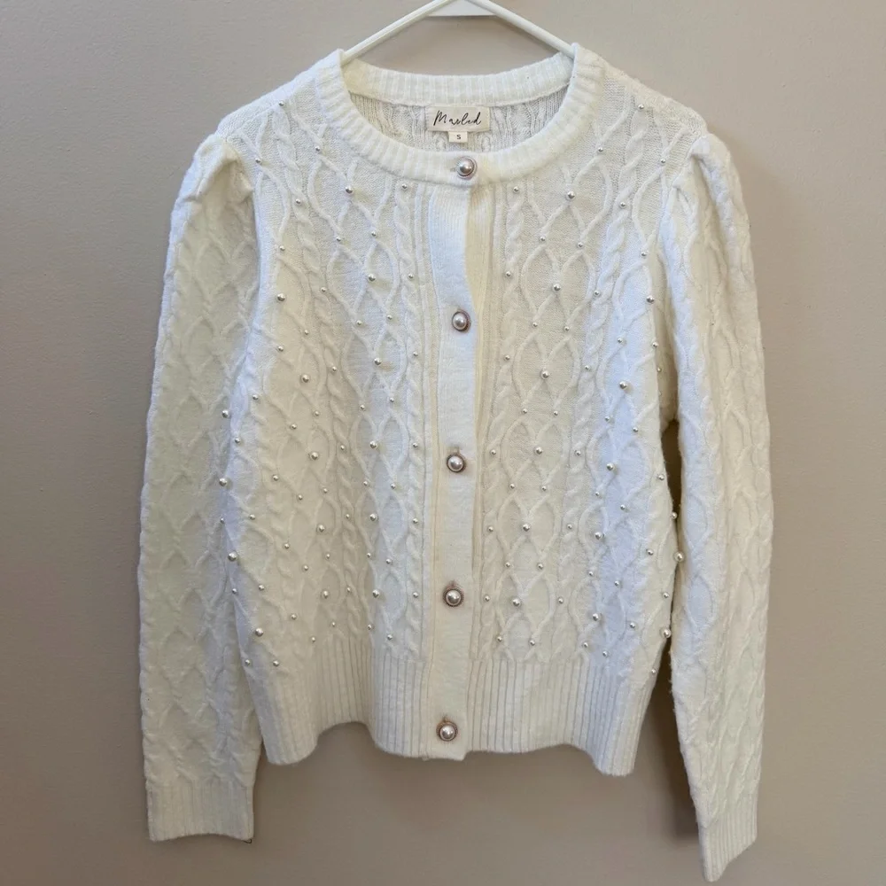 Marled Cable Knit Off White Cardigan Sweater with Pearl Details, Sz S